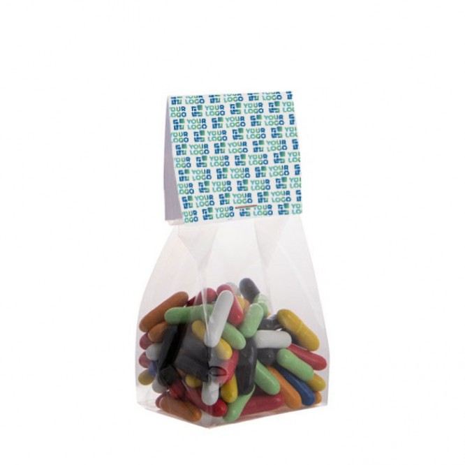 Bastoncini di liquirizia colorati in sacchetto con etichetta