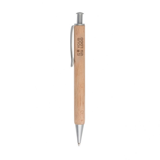 Penna in legno con pulsante e clip in metallo inchiostro blu