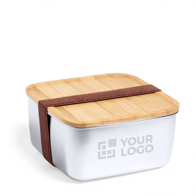 Quadrati e capienti lunch box da 1400ml color legno con logo