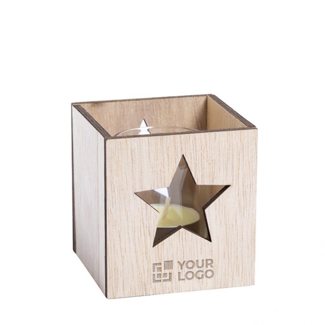 Candela con logo in box di legno color legno chiaro vista principale