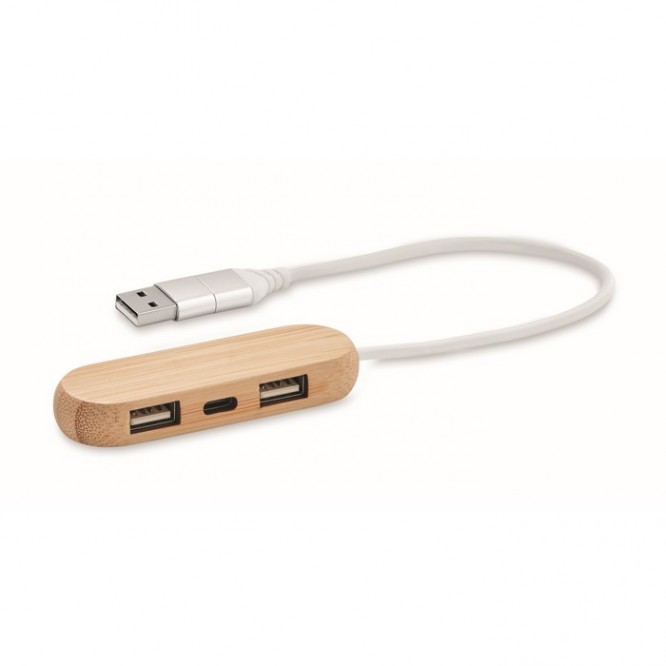 Hub USB in legno con 2 porte USB-A ed una C