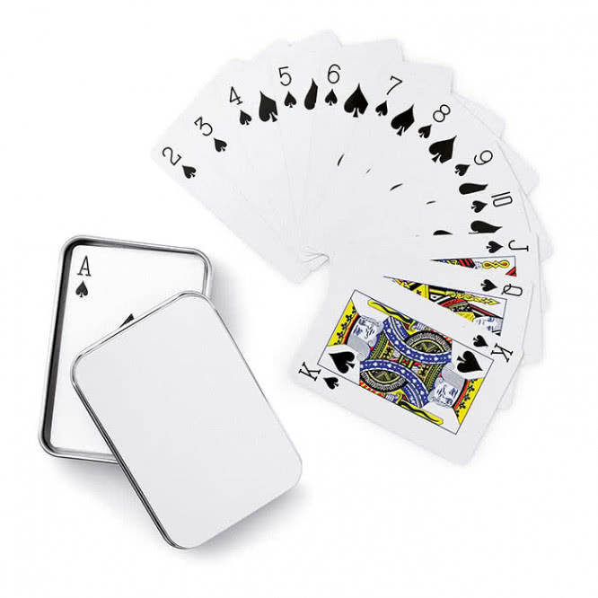 Mazzo di carte in scatola di metallo personalizzata colore argento opaco per pubblicità