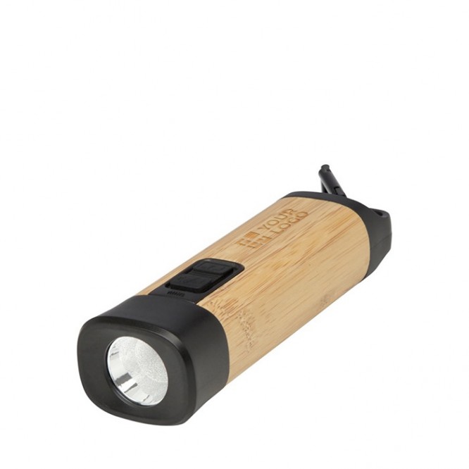 Torcia in bambù e plastica riciclata con moschettone e 3 tipi di luce