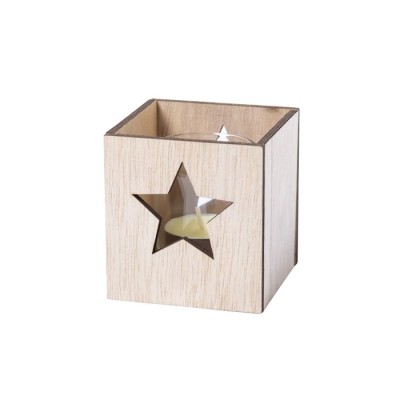 Candela con logo in box di legno color legno chiaro vista principale