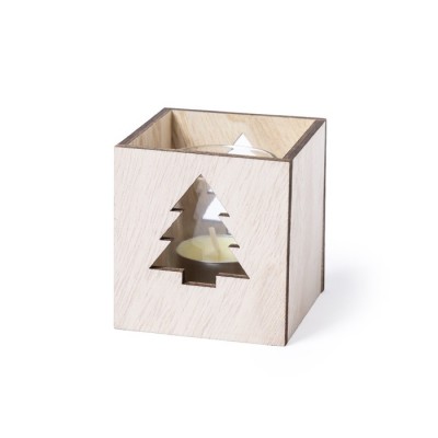 Candela personalizzata con design natalizio color legno chiaro 