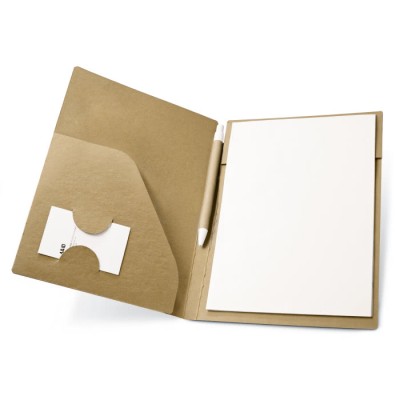 Cartellina di carta con block notes e penna color avorio con logo