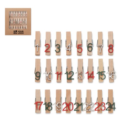 Set di 24 mollette con numeri colorati color legno