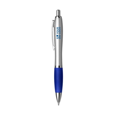 Penna argentata con impugnatura in gomma ed inchiostro blu