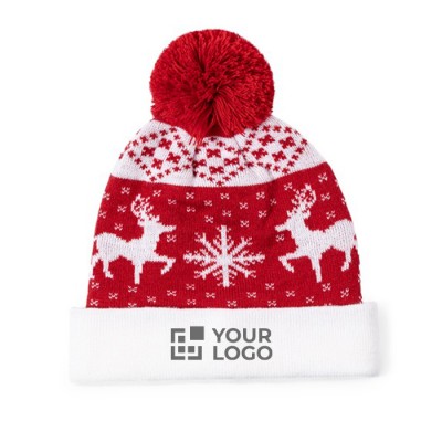 Cappello invernale natalizio con pompon in poliestere acrilico vista area di stampa