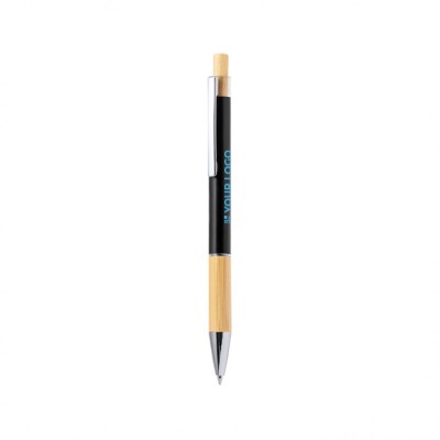 Penna in alluminio con pulsante e dettaglio in bambù ed inchiostro blu