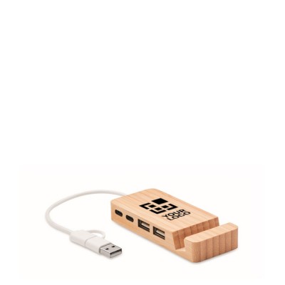 Hub USB in bambù con 3 porte e cavetto lungo 20 cm