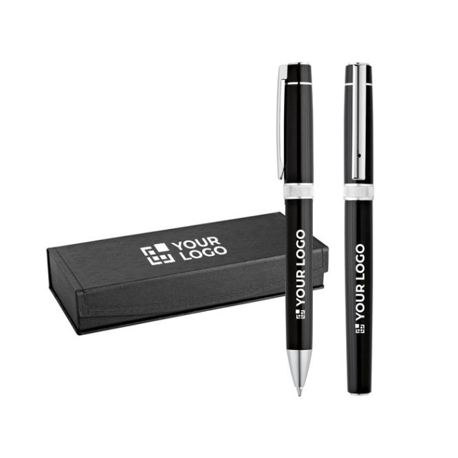 Astuccio contenente una penna roller e una penna a sfera color nero