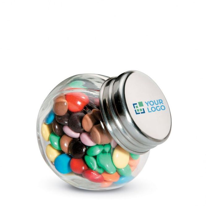 Cioccolatini promozionali tipo smarties in barattolo di vetro vista area di stampa