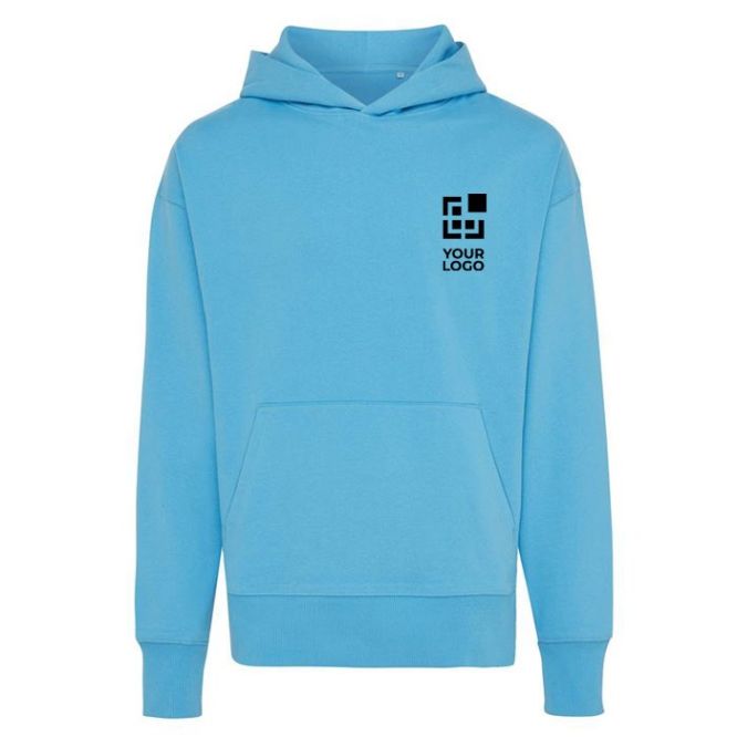 Felpa oversize in eco cotone 340 g/m² Iqoniq Yoho color azzurro ciano vista area di stampa
