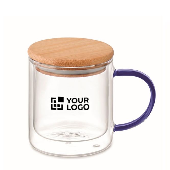 Tazza in vetro doppia parete manico colorato coperchio in bambù 300ml