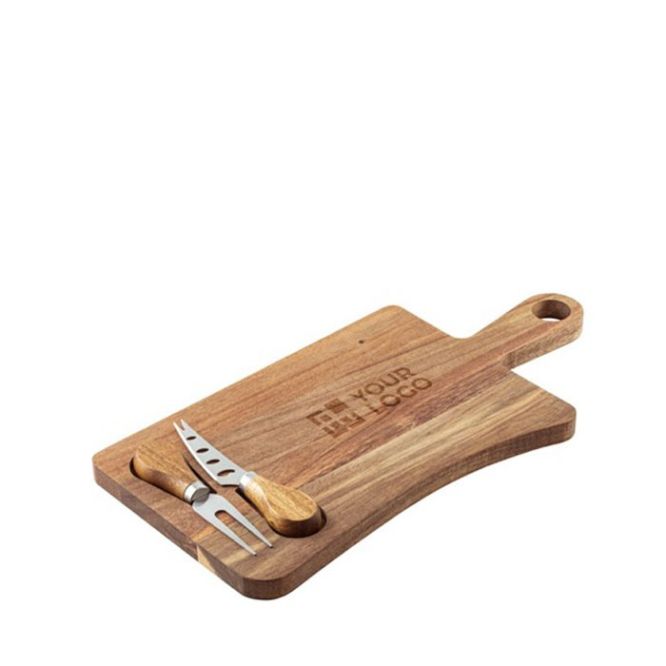 Tagliere per formaggi in legno di acacia con forchettone e coltello