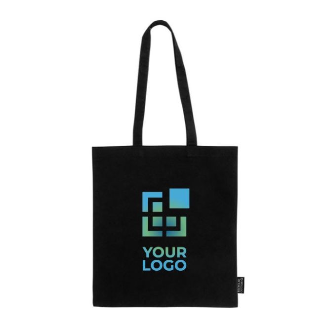 Shopper nera con manici lunghi in 100% cotone riciclato da 180 g/m²