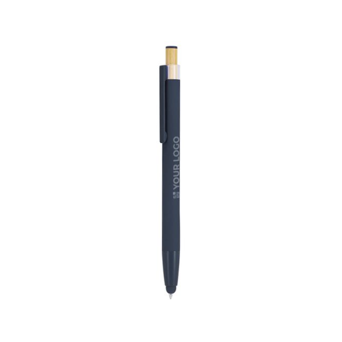 Penna touch in alluminio con pulsante in bambù e inchiostro blu