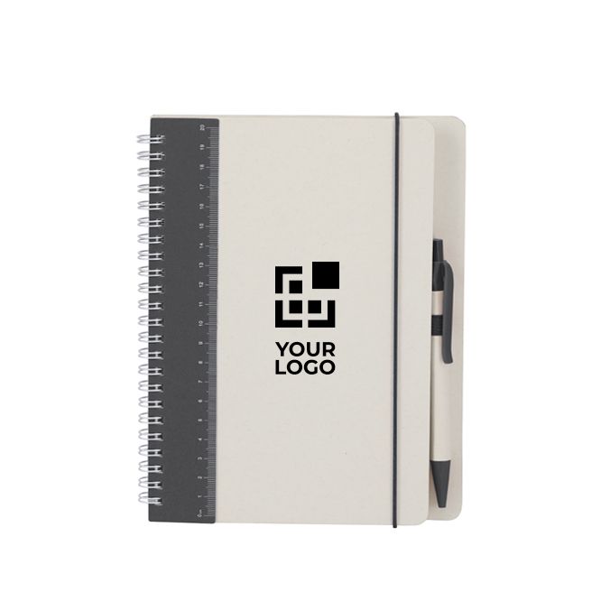 Taccuino in cartone riciclato con penna a inchiostro blu e fogli a righe A5