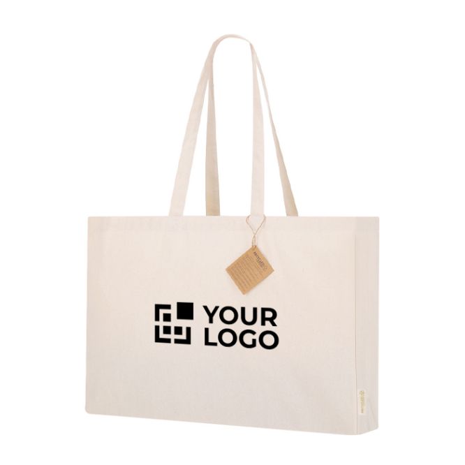 Borsa con soffietto in cotone riciclato con manici lunghi rinforzati 220g/m²