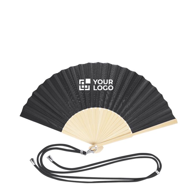 Ventaglio in poliestere con stecche in bambù e cordino da trasporto