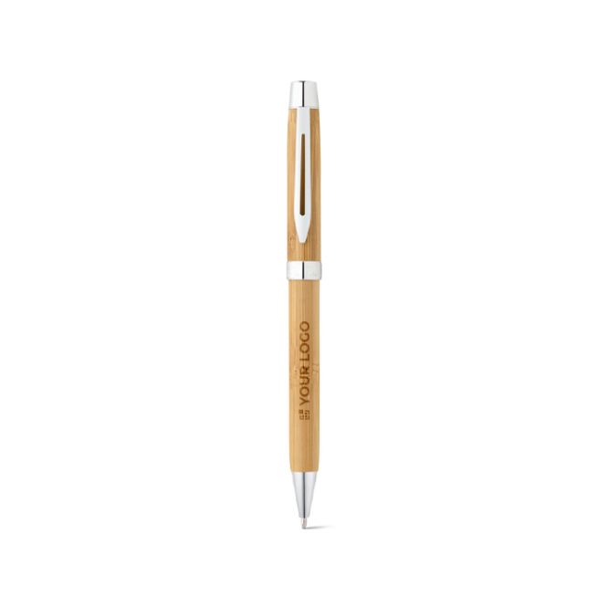 Penna in bambù naturale con clip in metallo e inchiostro blu