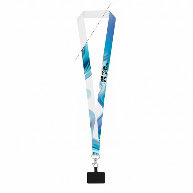 Lanyard in poliestere sublimato con moschettone e supporto per smartphone 2 cm
