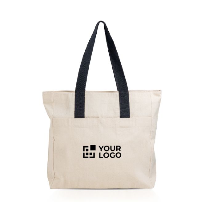 Borsa in cotone canvas con chiusura e manici colorati 280 g/m2