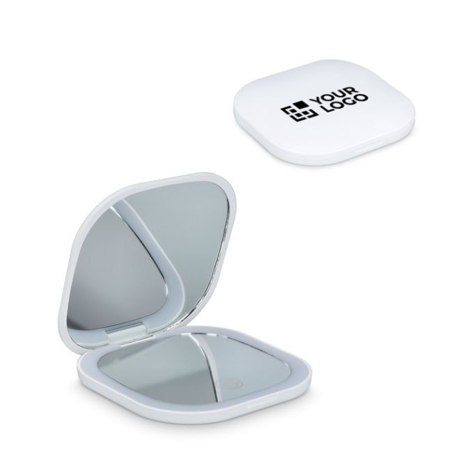 Specchio compatto con luce ricaricabile e doppio ingrandimento ideale per i viaggi