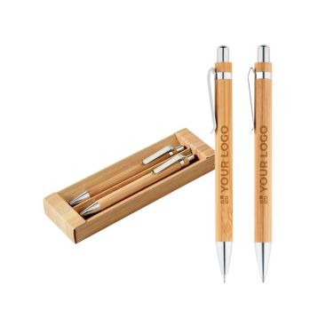 Penna con inchiostro blu e portamine con logo entrambe in bambù Penna con inchiostro blu e portamine con logo entrambe in bambù