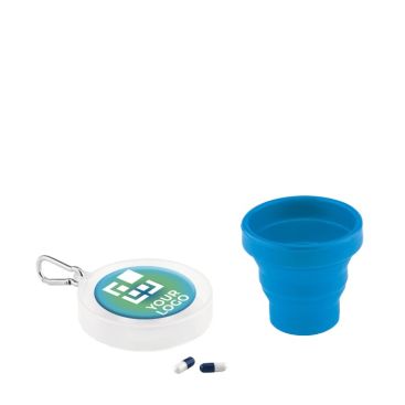 Portachiavi con bicchiere pieghevole e portapillole colore azzurro