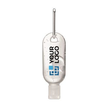 Gel mani con logo dispenser RPET con moschettone senza alcol 30ml Gel mani con logo dispenser RPET con moschettone senza alcol 30ml
