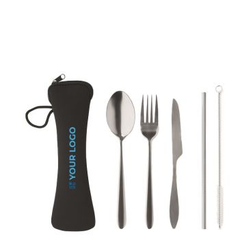 Set di posate con logo in acciaio inox in un sacchetto di neoprene nero Set di posate con logo in acciaio inox in un sacchetto di neoprene nero