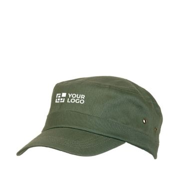 Cappellini con logo in stile militare vista area di stampa