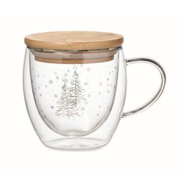 Tazza in vetro borosilicato con abeti e fiocchi di neve