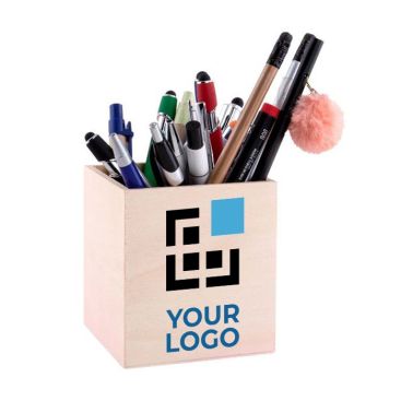 Portapenne pannello legno con logo forma cubo Portapenne pannello legno con logo forma cubo
