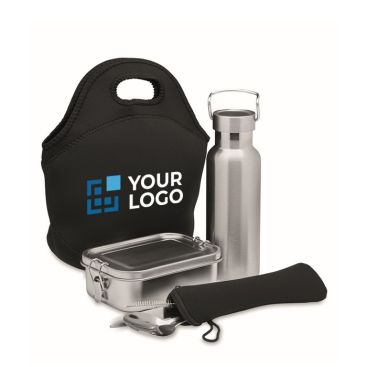 Borraccia, lunch box, posate e borsa in neoprene vista area di stampa
