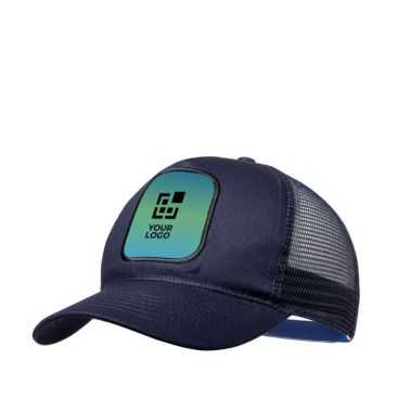Cappello aziendale trucker con toppa cucita e fascetta in plastica
