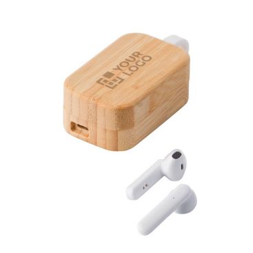 Cuffiette wireless con custodia in bambù vista area di stampa