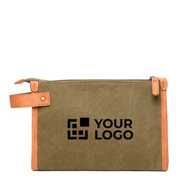 Elegante borsa porta trucchi ecologica di qualità color verde vista con logo