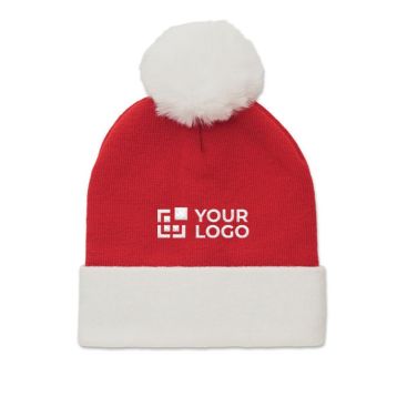 Cappello natalizio lavorato a maglia in poliestere PET con pompon vista area di stampa
