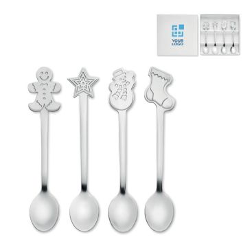 Set di 4 cucchiaini in acciaio inox con decorazione natalizia vista area di stampa