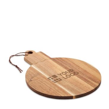 Tagliere in legno di acacia a forma di pallina natalizia vista area di stampa