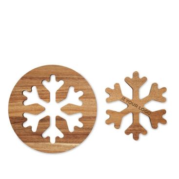 Sottopentola doppio in legno di acacia a forma di fiocco di neve vista area di stampa