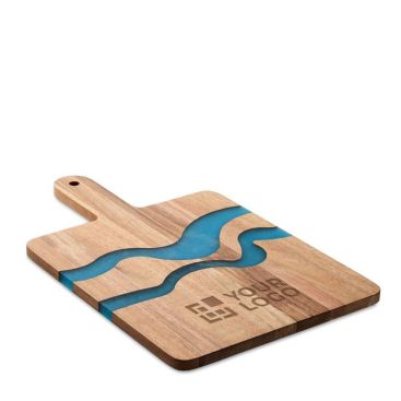 Tagliere in legno di acacia con dettagli blu in resina epossidica vista area di stampa