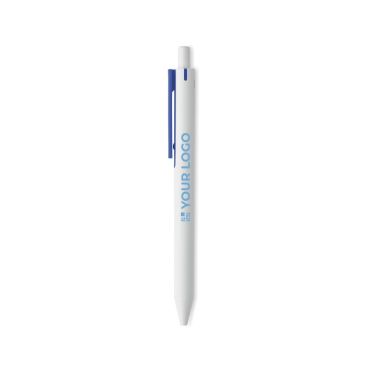 Penna a sfera dal fusto bianco con clip colorata ed inchiostro blu vista area di stampa