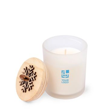 Candela alla vaniglia con fiocco di neve sul tappo di legno