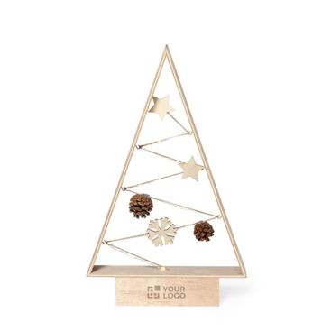 Albero di Natale da tavolo in legno naturale con luci a LED vista area di stampa