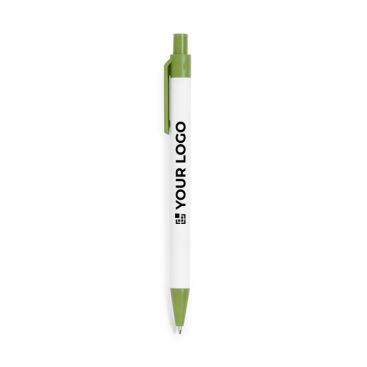 Penna eco-friendly con dettagli colorati e inchiostro blu vista area di stampa