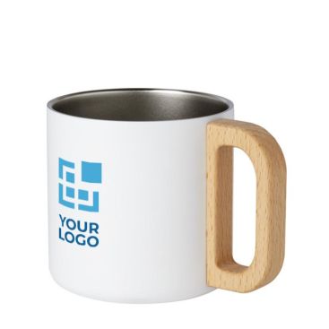 Tazza acciaio riciclato manico faggio 360ml con logo Tazza acciaio riciclato manico faggio 360ml con logo